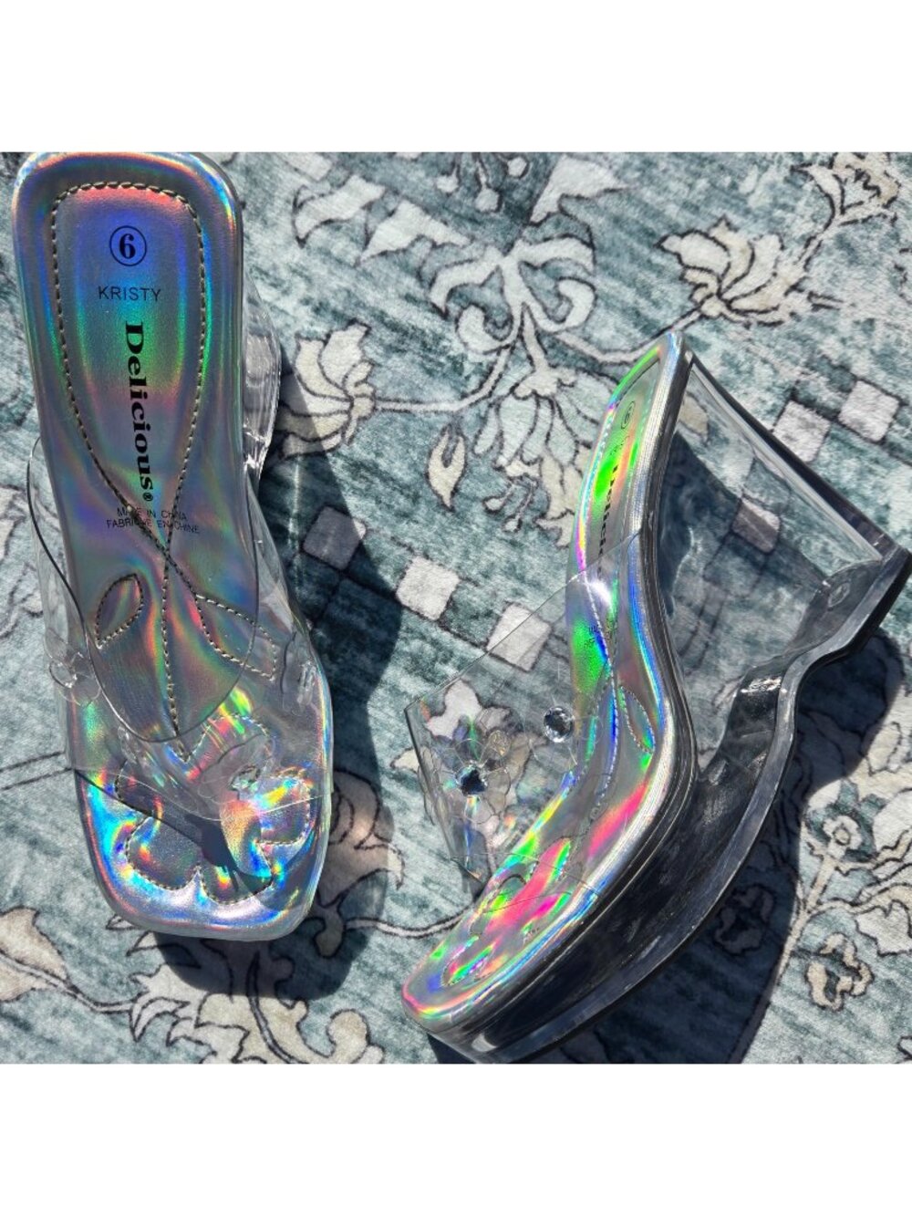 Y2K Clear Wedge Heel Sandals With Rhinestones And Silver Iridescent Soles Size 6